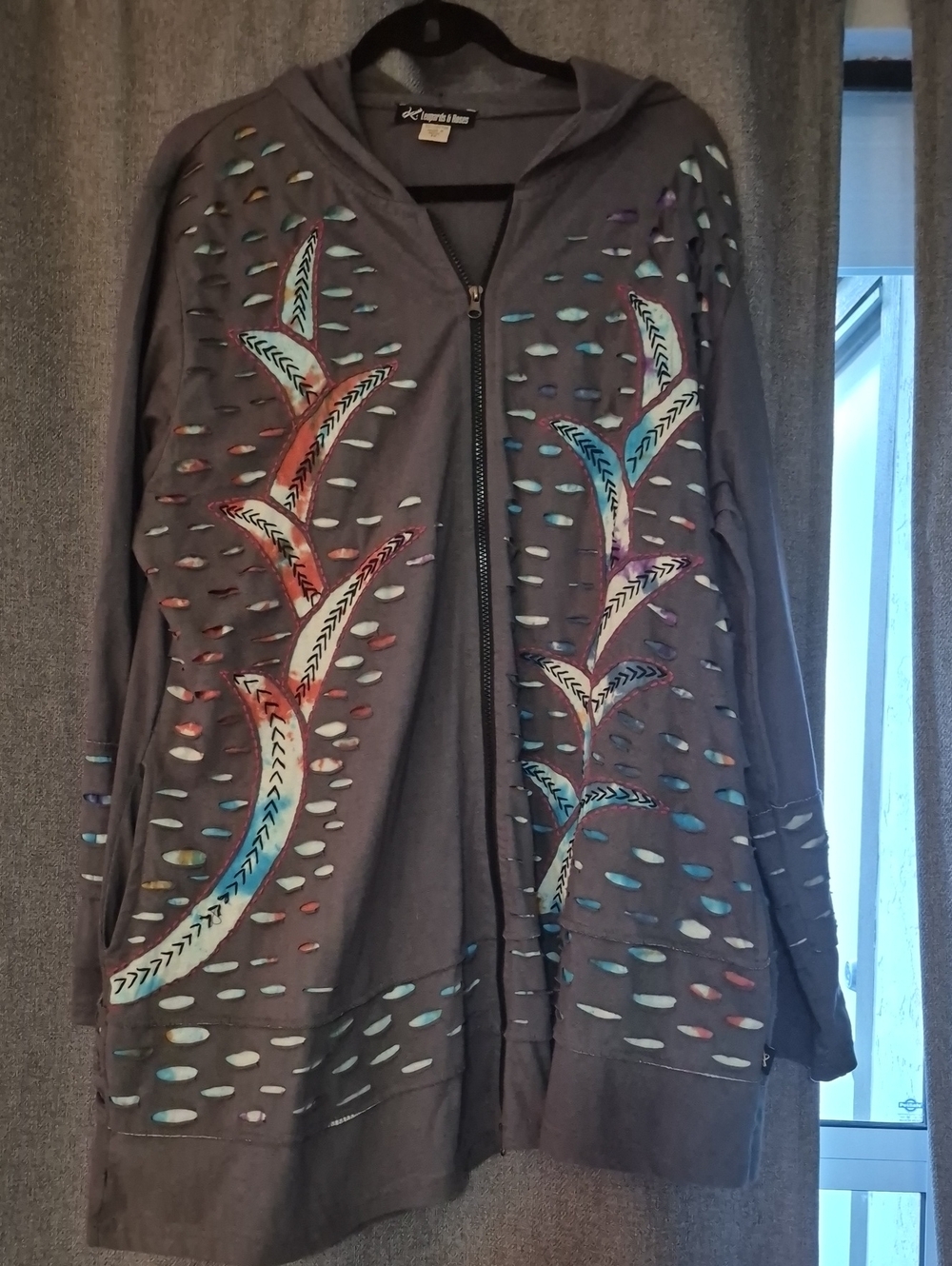 Leopards & Roses Zip-Front Hooded Women's Sweater - Gray with Multicolor Accents